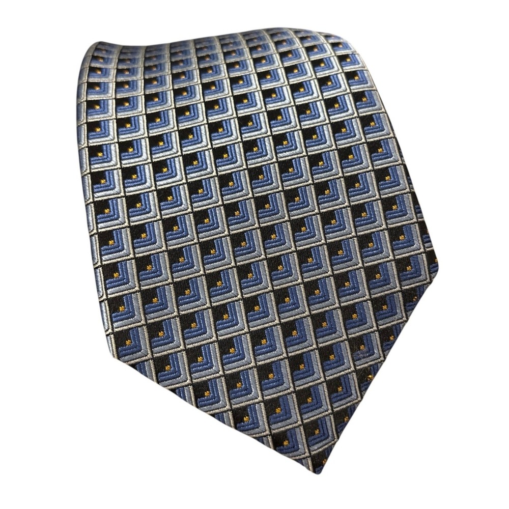 JZ Boulder Silk Tie Blue Black Geometric Square 3D Effect USA 3"W 58.5"L